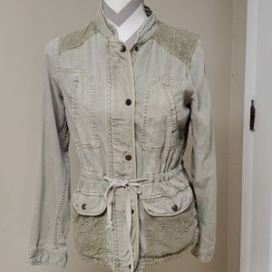 Max Jeans Lightweight Jacket Eyelet Pockets Green Distressed